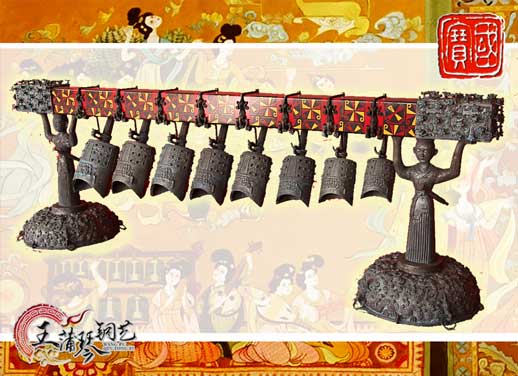 8件古編鐘，銅人銅座裝飾，可發(fā)音